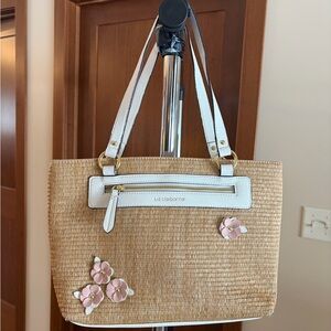 Liz Claiborne Straw Woven Beige and White Floral Tote..